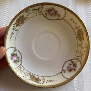 Nippon Hand Painted Porcelain Saucer Plate Floral Gold White 5.5"